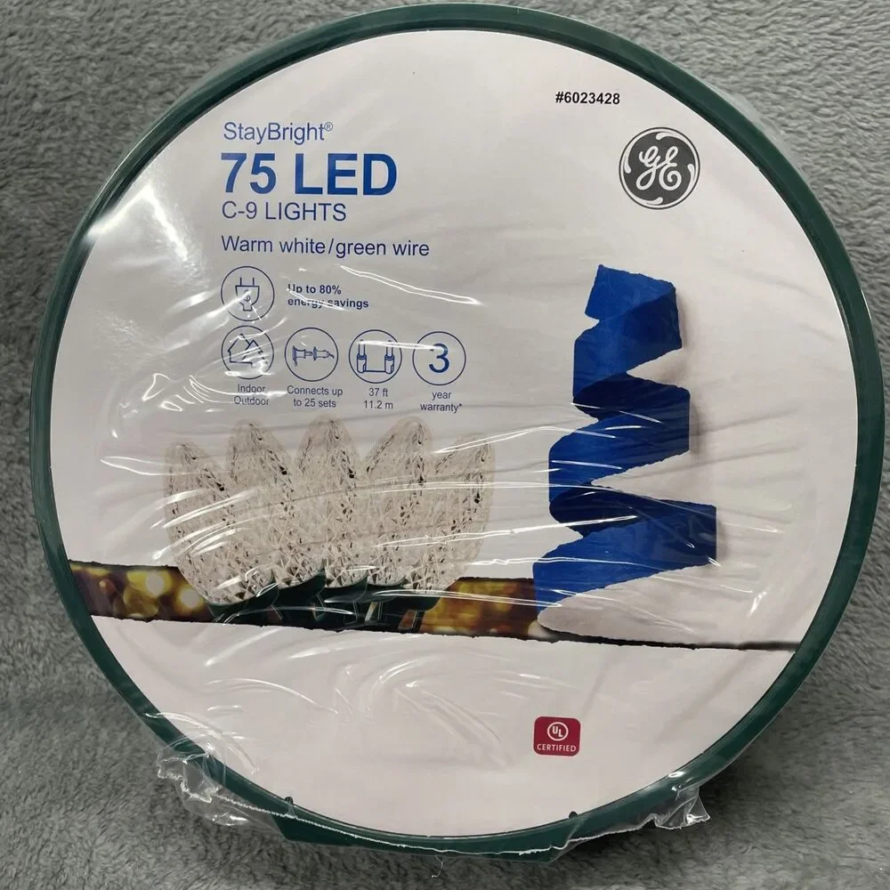 GE StayBright 75 COUNT DIAMOND CUT WARM WHITE C9 C-9 LED LIGHTS 37 FT CHRISTMAS